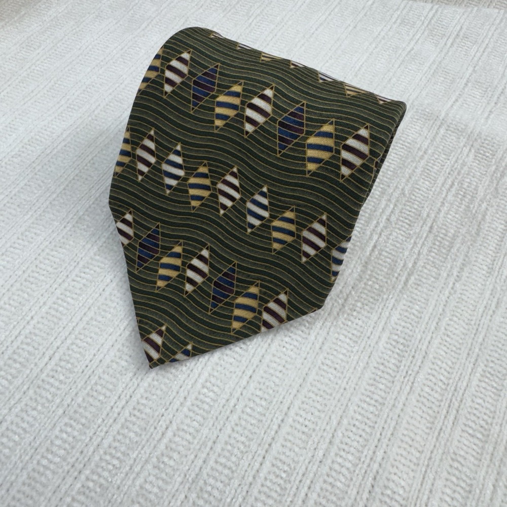 Bill Blass Black Label Silk Tie Green Geometric Pattern USA Mens Necktie